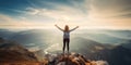 Successful Woman Reaching Her Objective With Joy Hiker Enjoys Nature On Mountain Summit