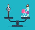 Successful woman standing on scales, choosing between career and family. Business vector concept