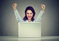 Successful woman winner with arms raised looking at laptop Royalty Free Stock Photo