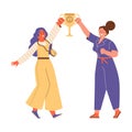 Successful women lifting golden trophy cup, flat vector illustration isolated.