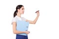 Successful young business woman in formalware with documents and pen writing. Isolated