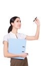 Successful young business woman in formalware with documents and pen writing. Isolated