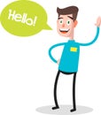 Successful young businessman character saying hello with speech bubble, front view. Business, job, professional