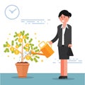 Successful young businesswoman or broker watering money tree. Ca