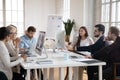 Confident employees working in groups, discussing market research. Royalty Free Stock Photo