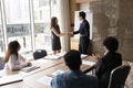 Successful young employee woman getting shaking hands with boss Royalty Free Stock Photo