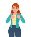 Successful young woman showing thumbs up sign. Trendy teenage girl making like, good or success gesture. Female character design.