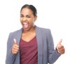 Successful young woman with thumbs up gesture