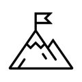 Successfull mission, black line icon, business concept. Flag on mountain peak