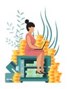 Successfully business woman sitting on the safe with money and working on laptop. Business girl sits on safe and works Royalty Free Stock Photo