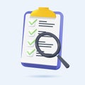 Successfully complete business assignments icon. Magnifying glass with a checklist on clipboard paper. 3d vector. Royalty Free Stock Photo