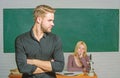 Successfully graduated. Youth mentoring. Man well groomed attractive teacher in front of classroom. Obsessed with Royalty Free Stock Photo