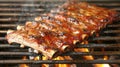 Succulent american bbq ribs sizzling on grill, smoke rising from juicy meat over charcoal fire Royalty Free Stock Photo