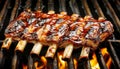 Succulent american bbq ribs sizzling on grill with smoky flavors cooking over natural charcoal fire Royalty Free Stock Photo