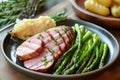 Succulent Asparagus ham plate. Generate Ai Royalty Free Stock Photo