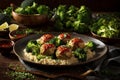 succulent baked chicken fillet meatballs plated with a side of quinoa and tender boiled vibrant green broccoli, AI Generative