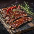 Succulent Barbecued Pork Ribs on Wooden Platter
