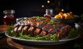 Succulent Barbecued Ribs Glazed with a Tangy Sauce on a Platter Garnished with Fresh Herbs Ready for Dining