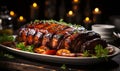 Succulent Barbecued Ribs Glazed with a Tangy Sauce on a Platter Garnished with Fresh Herbs Ready for Dining