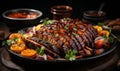 Succulent Barbecued Ribs Glazed with a Tangy Sauce on a Platter Garnished with Fresh Herbs Ready for Dining