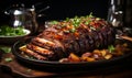 Succulent Barbecued Ribs Glazed with a Tangy Sauce on a Platter Garnished with Fresh Herbs Ready for Dining