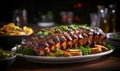 Succulent Barbecued Ribs Glazed with a Tangy Sauce on a Platter Garnished with Fresh Herbs Ready for Dining