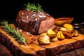 succulent beef roast accompanied by rosemary branches and garlic on a board