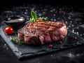 Succulent Beef Steak on Black Stone Table. Generative AI