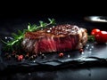 Succulent Beef Steak on Black Stone Table. Generative AI