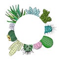 Succulent cactus set in circle artboard. Place for text. agave, aloe, gastraea, echeveria, Pachyphytum, prickly pear