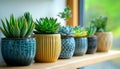 Succulent Collection Assorted Small Potted Plants on a Window Shelf, 90, Home Decor Royalty Free Stock Photo