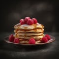 Succulent Delights: American Pancakes with Maple Syrup and Raspberry Toppings