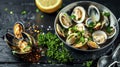 Succulent Fresh Clams Accompanied by White Wine and Fresh Parsley, Set Against a Black Rustic Canvas