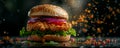 Succulent, fresh and crispy fried chicken burger sandwich with flying ingredients, and boken style out of focus background with