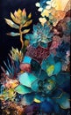 Succulent Garden Knolling Backlit Alcohol Ink Splattered Oil Painting Liquid Paint Floral Background