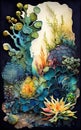 Succulent Garden Knolling Backlit Alcohol Ink Splattered Oil Painting Liquid Paint Floral Background