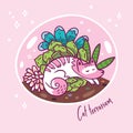 Succulent garden terrarium with cute kawaii cat. Vector print.