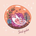 Succulent garden terrarium with cute kawaii cat. Vector print. Secret garden