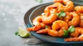 Succulent glazed shrimp served on a dark plate complemented by slices of lime, elegant seafood dish