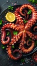 Succulent grilled octopus on elegant black platter classic mediterranean cuisine