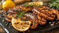 Succulent grilled octopus plated against dark background, iconic mediterranean cuisine