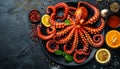 Succulent grilled octopus plated on black dish, a classic mediterranean delicacy