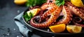Succulent grilled octopus plated on elegant black dish classic mediterranean cuisine