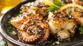 Succulent grilled octopus served in traditional mediterranean style on a sleek black plate