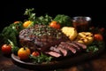 Succulent grilled picanha and colorful vegetables arranged rustically., generative IA