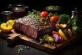 Succulent grilled picanha and colorful vegetables arranged rustically., generative IA