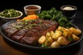 Succulent grilled picanha surrounded by colorful side dishes., generative IA