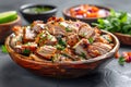 Succulent Grilled Pork Chops in Wooden Bowl with Fresh Herbs, Lime, and Colorful Salsa on Dark Table Background
