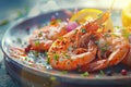 Succulent grilled prawns with vibrant spices and lemon on a metallic plate, capturing the perfect seafood delight.