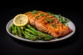 Succulent grilled salmon fillet served with fresh asparagus, AI-generated.